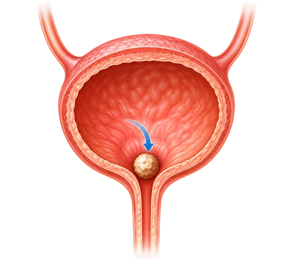 Cross-section illustration of a kidney stone reaching the bladder and moving toward the urethral opening.