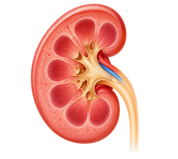 Medical cross-section illustration showing the internal anatomy of a healthy kidney where kidney stones form.